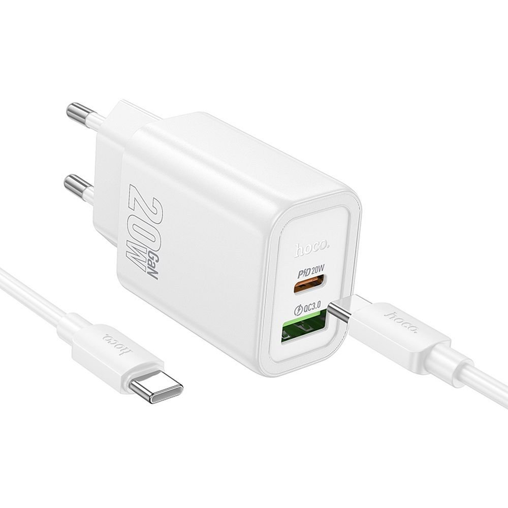 Hoco N61 wall charger USB A + Type C + cable Type C to Type C PD QC3.0 3A 20W white
