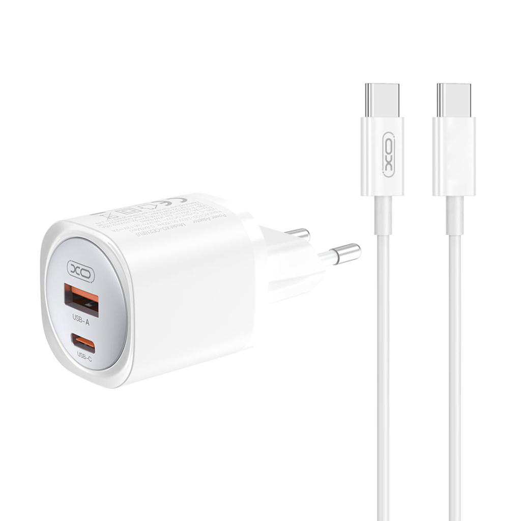 XO CE21 220V 30W, USB-A + USB-C, cable C-C, GaN Nitride, white