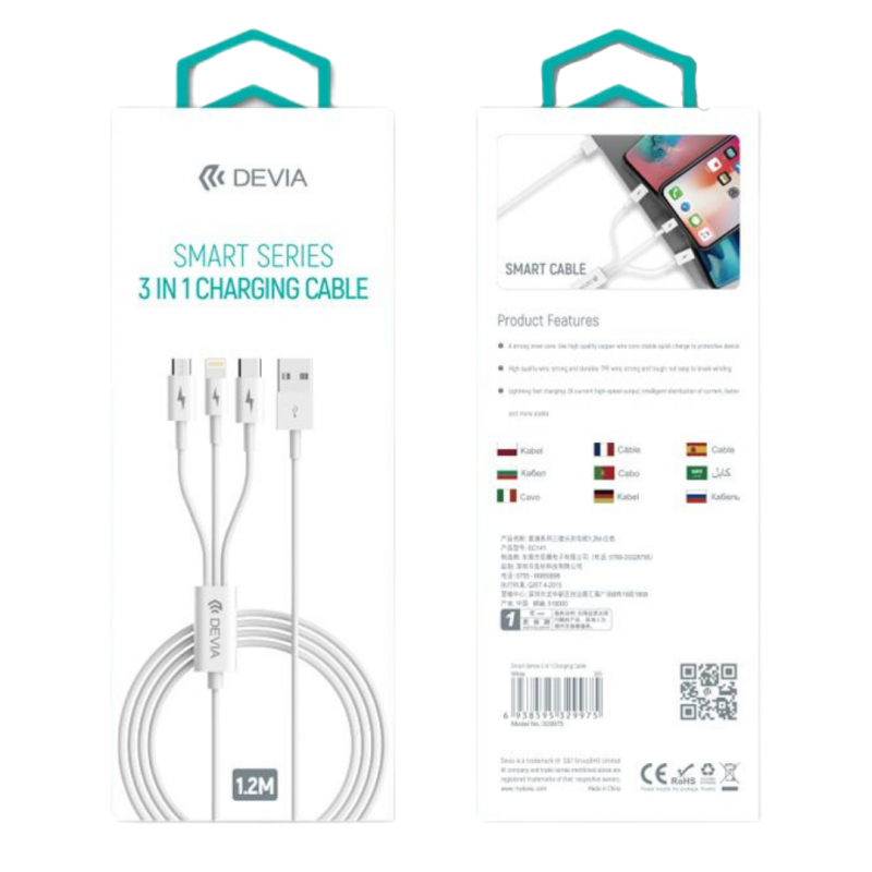 Devia cable 3in1 Smart EC141 USB - Lightning + USB-C + MicroUSB 1,2 m 2A white