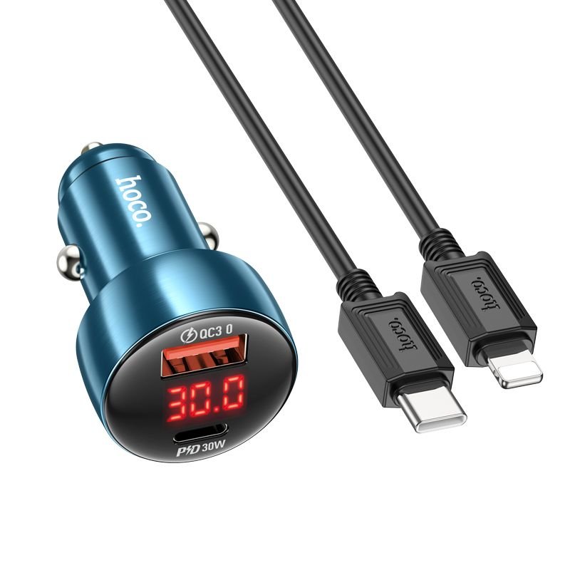 Hoco Z50 car charger USB A + Type C with digital display + cable Type C to Lightning PD QC3.0 3A 48W metal Blue