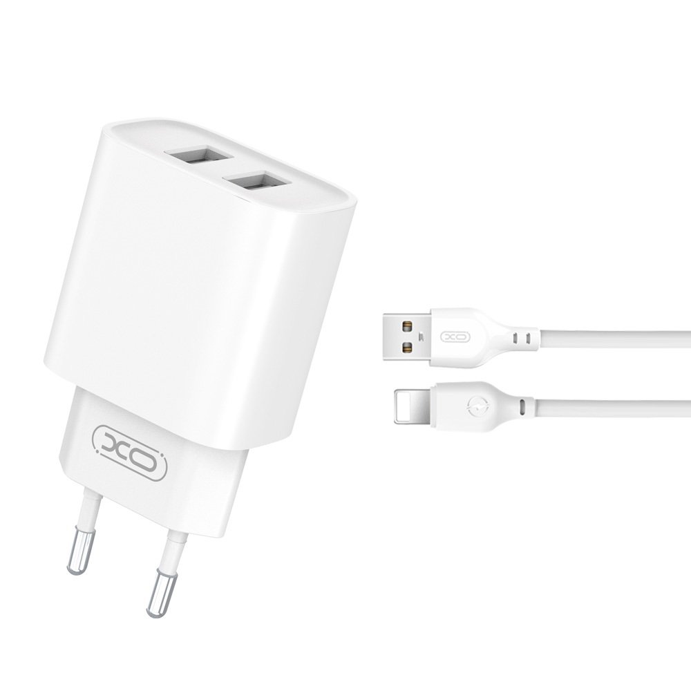 XO CE02C wall charger 2x USB 2,1A white + microUSB cable
