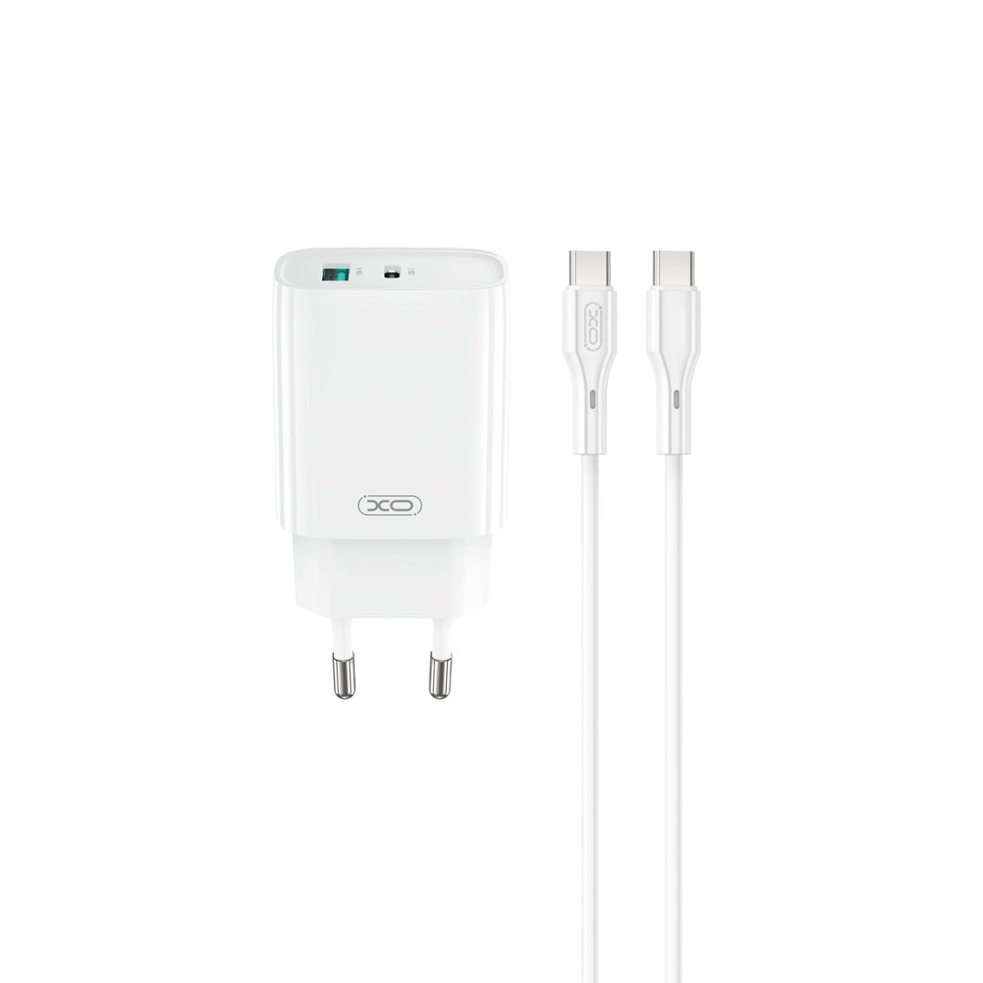 XO CE30 wall charger PD 30W 1x USB-C 1x USB white + cable USB-C - USB-C