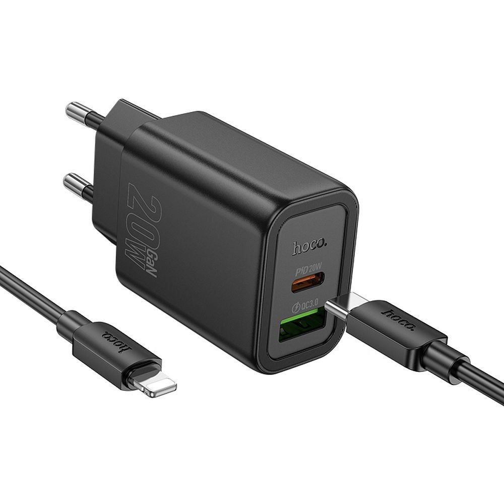 Hoco N61 wall charger USB A + Type C + cable Type C to Type C PD QC3.0 3A 20W black